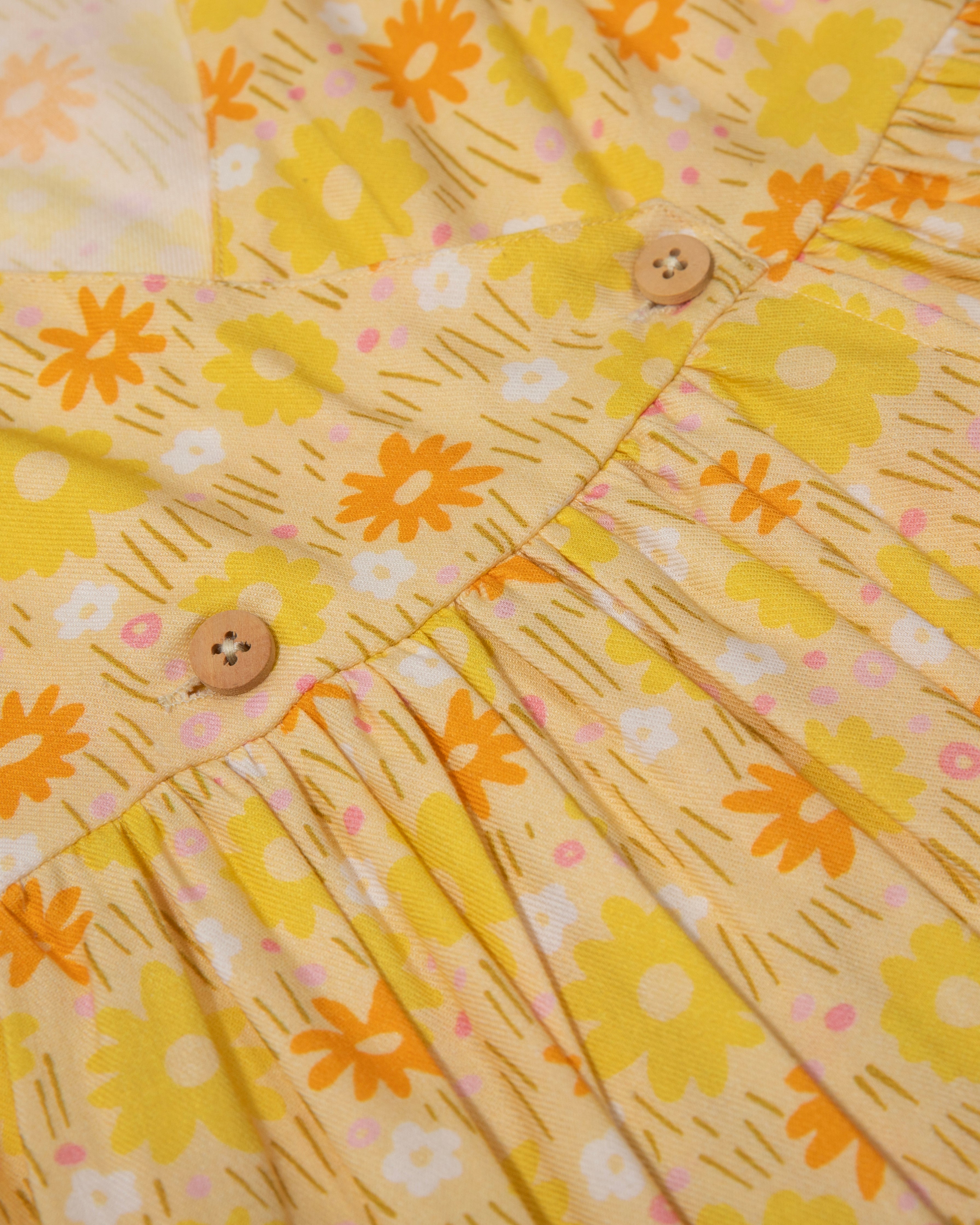 Floral Yellow Button-Front Dress – Soft Cotton, Wooden Buttons, Everyday & Outing Wear (6M–4Y)
